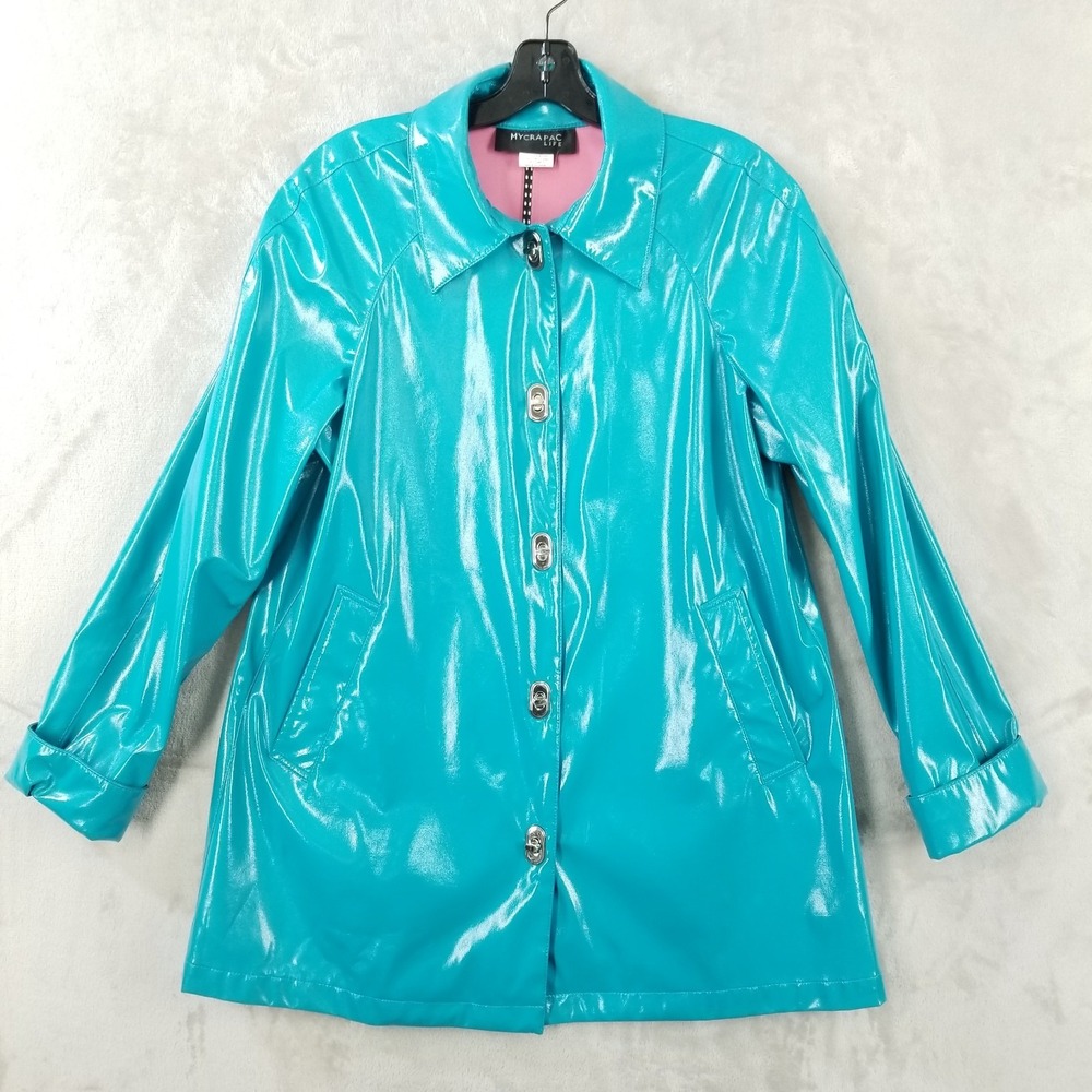 Mycra Pac Life Rain Jacket S/M Shiny Teal Toggle Detachable Hood Travel Packable